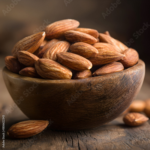 A wooden bowl brimming with crunchy almonds, showcasing their natural texture and inviting aroma, perfect for a healthy snack or culinary ingredient