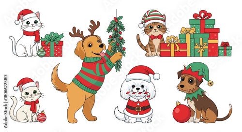 Adorable festive pets in charming Christmas attire, including Santa hats, reindeer antlers, and elf costumes, bringing holiday joy and cheerful celebration to the winter season