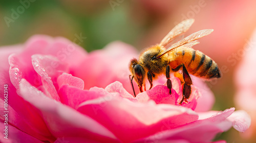 Close up of a honeybee gathering pollen from a vibrant pink rose in soft diffused light setting