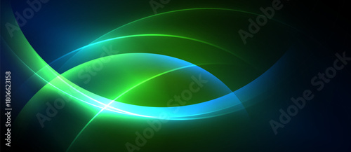 Abstract design features flowing curves, vibrant blues, greens. Light radiates, creating dynamic visual effect. Dark background enhances luminosity.