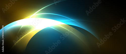 Abstract light curves radiate, creating dynamic energy flow. Brightness contrasts with dark background, evoking futuristic feel.