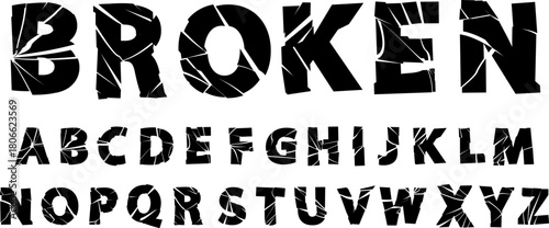 Cracked black letters of the English alphabet, broken typography font.
