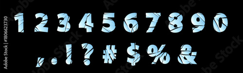 Cracked blue numbers and symbols, broken font, glass or ice effect.