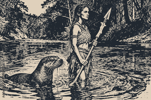 Vintage woodcut style vector of a fantasy huntress with a spear and her otter companion wading in a river. Primal, adventurous, and mythological theme.
