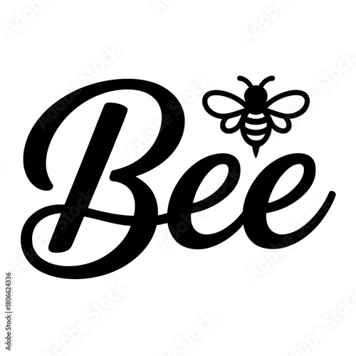 A stylized black and white illustration of the word 'Bee' with a small bee graphic.