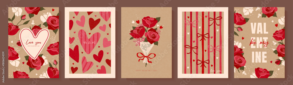 Naklejka premium A vintage set of Valentine's Day cards. Hand-drawn roses, a bouquet of flowers, and a pattern with hearts and bows on grainy craft paper. Trendy vector greeting cards.