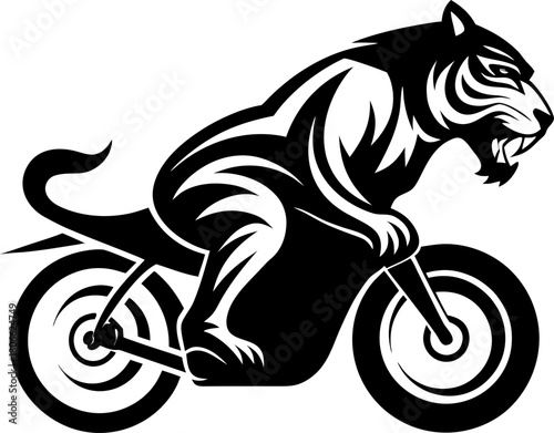 tiger racing a motorbike. silhouette vector icon , black and white , white background