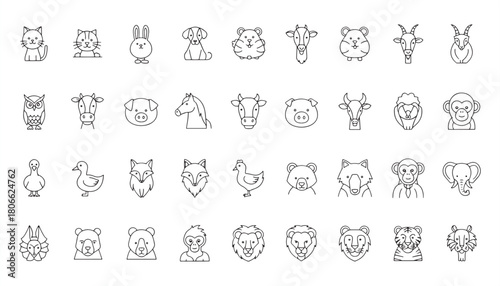 Farm & Domestic Animal Icon Set – Cow, Goat, Sheep, Horse, Poultry and Pet Outline Vector Symbols