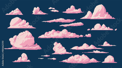 A set of pixelated pink clouds of various shapes on a dark isolated background, 8-bit.