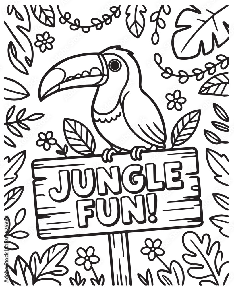 Naklejka premium A toucan perches on a sign that says jungle fun surrounded by flora