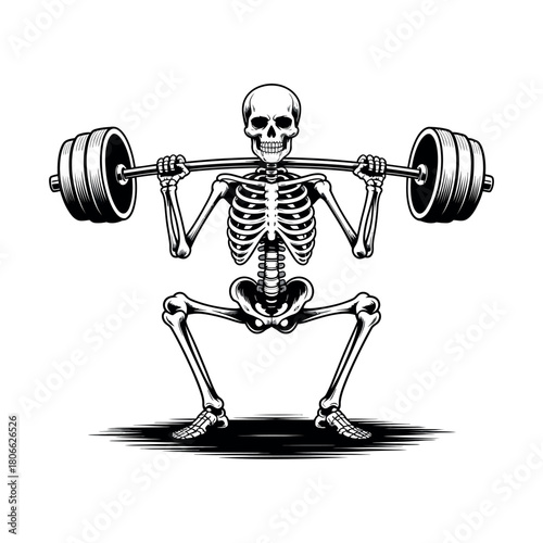 Skeleton doing a heavy barbell squat with a determined expression and weights on the bar.