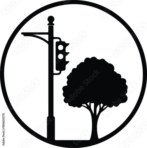 Illustrator Tree and street light in a circle black Silhouette vector
