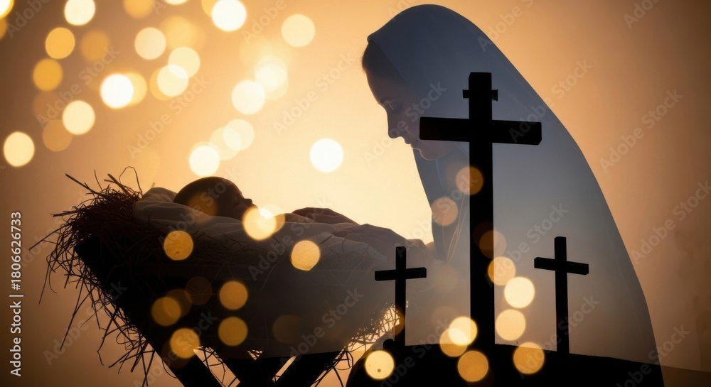 Fototapeta premium Double exposure of woman Mary with baby Jesus in manger and three crosses. Concept of the birth and sacrifice of Christ for Christianity.