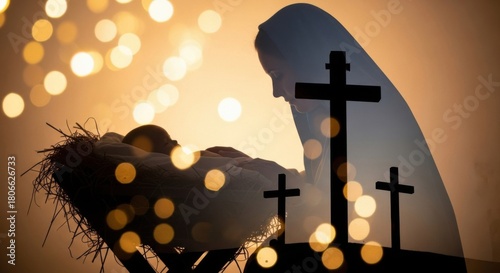 Double exposure of woman Mary with baby Jesus in manger and three crosses. Concept of the birth and sacrifice of Christ for Christianity.