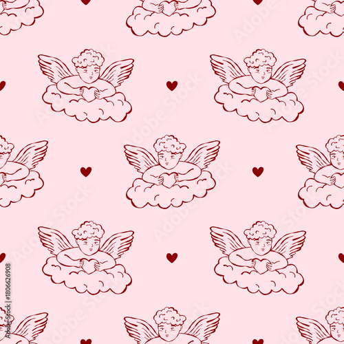 Valentine doodle cupid whimsical seamless pattern heart retro details. Designed for wedding or engagement stationery and cute bridal decor