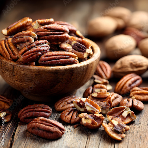 A wooden bowl overflowing with pecan halves, some scattered around it on a rustic wooden surface, with whole walnuts in the blurred background