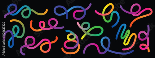 Abstract Color Gradient Lines Pattern. Organic Rainbow Wavy Ribbons. Set of Fun Kid Doodle Colour Gradation Lines