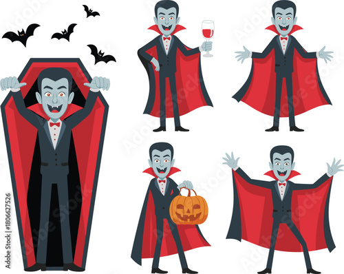 Cartoon vampire character set with cape, coffin, bats, pumpkin and wine glass, fun Halloween illustration collection for festive design projects