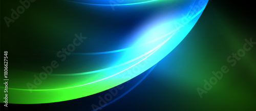 Abstract design features flowing curves, vibrant green, blue hues. Bright light source creates dynamic visual effect. Smooth gradients dominate composition.