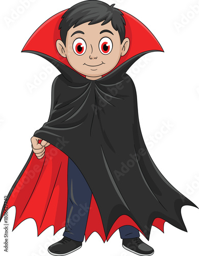 Cute cartoon boy dressed as a young vampire with black cape and red collar, fun Halloween character illustration for festive design projects