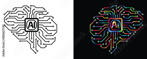 Futuristic AI brain circuit illustration, vibrant colors symbolizing innovation and technology, representing the power of artificial intelligence in modern design