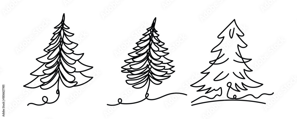 Fototapeta premium Shaded Pine Line Sketch, Detailed Winter Trees Set, Realistic Pencil Tree Art