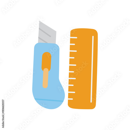 Box cutter and ruler, great for diy projects, construction, crafting, measuring, and detailing. Ideal for design projects, tool advertisements, educational materials.