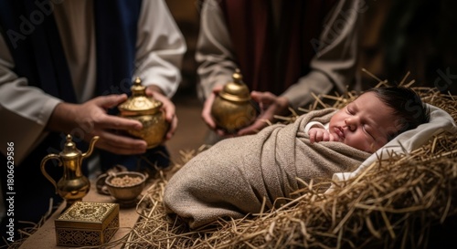 Sleeping baby Jesus in manger with three men holding gifts. Nativity scene with wise men. Christmas story and biblical illustration.