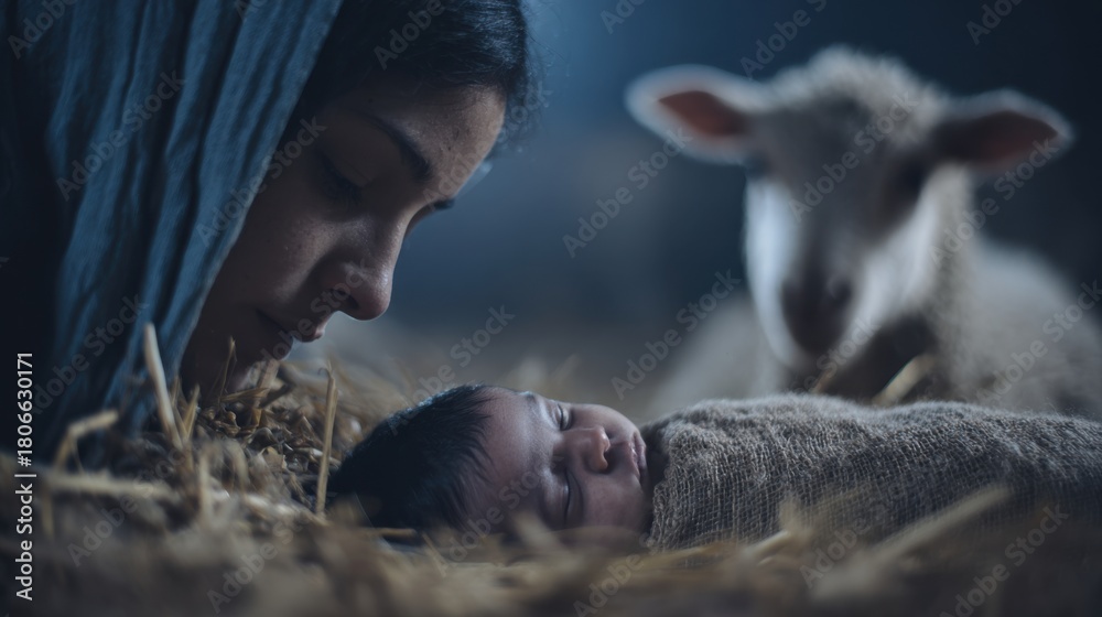 Fototapeta premium Woman Mary looking at baby Jesus sleeping in manger with lamp close by. Christmas nativity scene, hope, New Testament story.