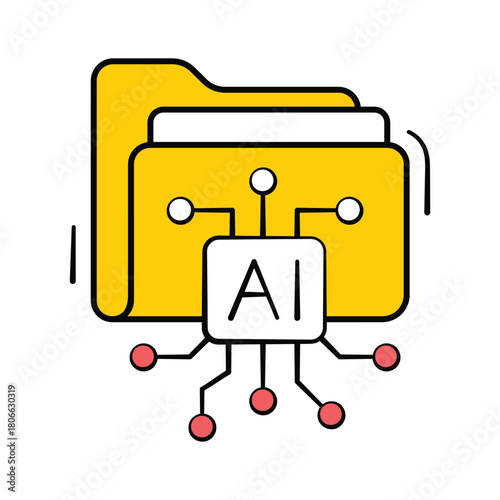Folder icon with AI tech circuit for machine learning file storage, hand drawn icon