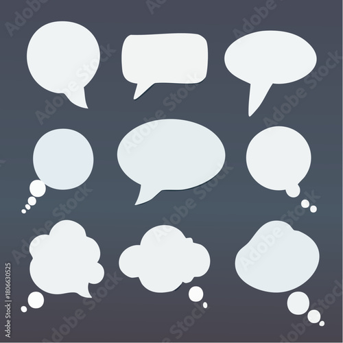 Collection of speech bubbles and thought clouds in various shapes and sizes on a dark background, representing communication and ideas
