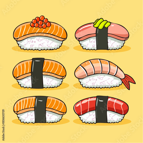 Delicious Assortment of Six Hand-Drawn Sushi Dishes, Featuring Salmon Roe, Tuna, Shrimp, and Classic Nigiri, Presented on a Soft Yellow Background in a Vibrant and Playful Cartoon Style