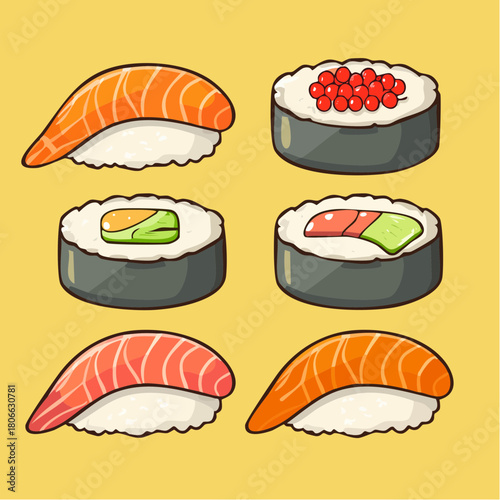 A collection of delectable Japanese sushi rolls and nigiri, featuring fresh salmon and vibrant roe, presented on a warm yellow background, showcasing a variety of popular sushi dishes