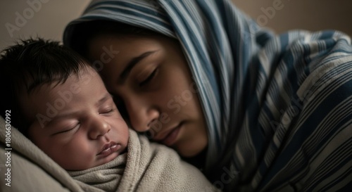 Woman with blue striped veil holding sleeping baby wrapped in cloth, concept of motherhood, Christian biblical story, Christmas.