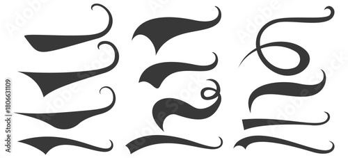 Calligraphic swoosh tail set. Baseball sports swash shape set, text underlines for baseball design. Kit of font elements in retro style for athletics, baseball. Swirl stroke swish underline. Vector