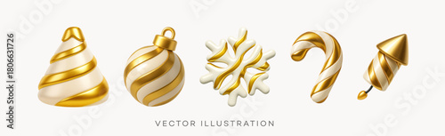 3d render gold Christmas elements. Vector illustration winter set. Ball, snowflake, candy cane, tree and cone. Realistic metallic three dimensional decoration for new year. 3D illustration.