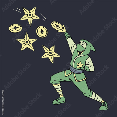 Cartoon Ninja Throws Shurikens and Coins with a Determined Stance throwing star money