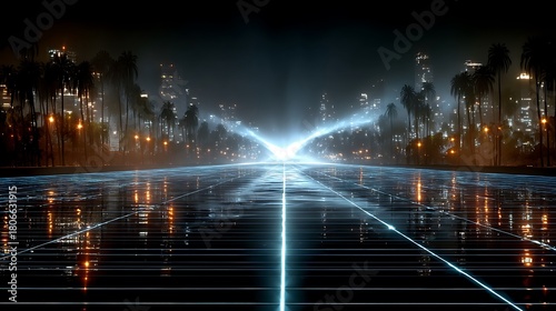 Wallpaper Mural Futuristic city street with glowing lines and palm trees at night. Torontodigital.ca