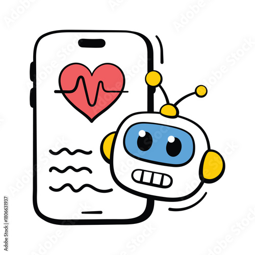Trendy hand drawn icon of AI medical assistant monitoring patient health data