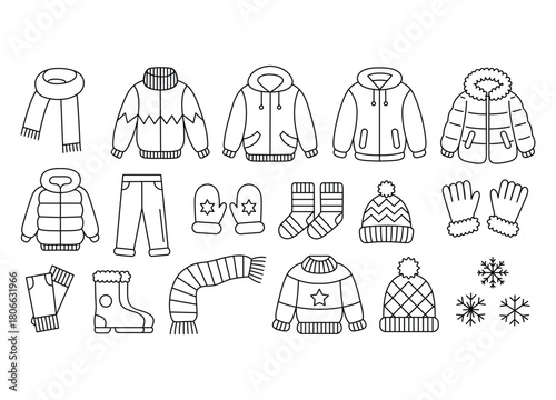 Winter Clothing Doodle Collection with Coats Scarves and Hats for Cold Weather Fashion Illustration