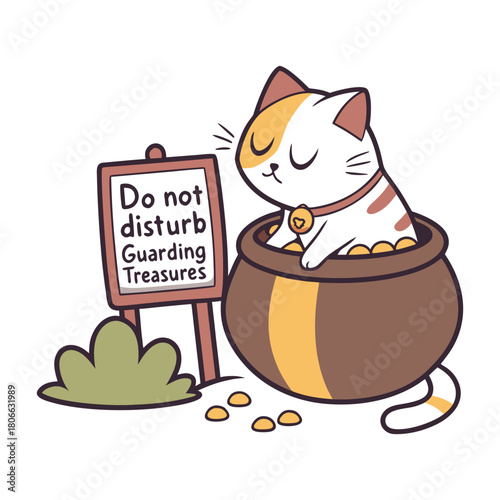 Cat guarding a pot of gold with a do not disturb sign kitten treasure