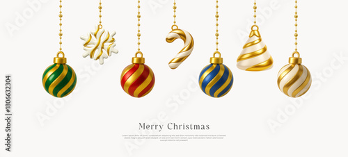 3d render gold Christmas elements. Vector winter illustration set. Striped balls, candy cane, snowflake and cone decor on chains. Realistic metallic decoration for new year celebration.