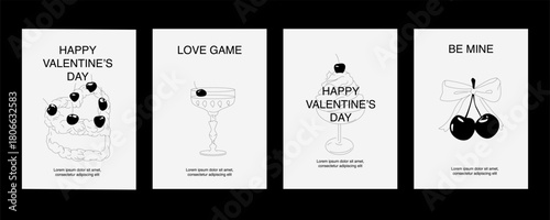 Set of Valentine's Day covers with dessert, cherries and drink. Modern Valentine's Day design templates. Trendy retro aesthetics.