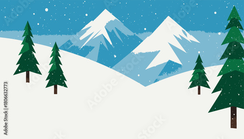 Winter landscape with snow covered mountains and evergreen trees in a flat design style