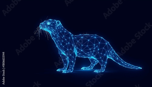 Blue polygonal otter figure with glowing connections on dark background image photo