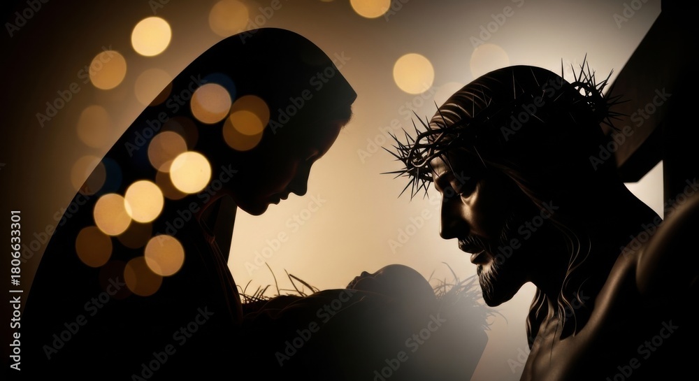 Obraz premium The Virgin Mary holding baby Jesus and man Jesus on the cross, representing the birth and passion of Christ. Christian religion concept.