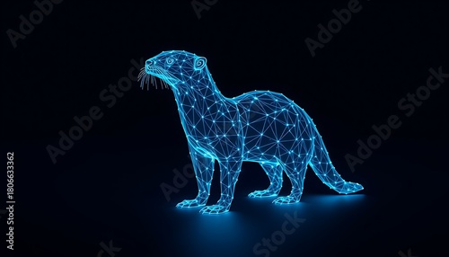 3D wireframe otter rendered in glowing blue digital lines on a dark background animal wildlife