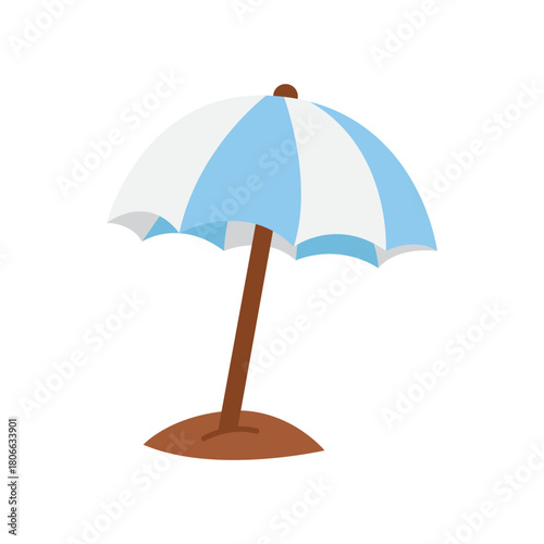 A blue and white beach umbrella standing on a brown base on sandy ground.