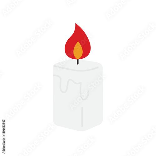 A white candle with a melting wax design and a red flame on top against a plain white background.
