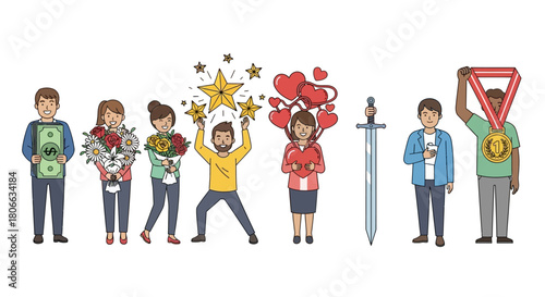 Illustrative depiction of people holding symbols like money, flowers, stars, hearts, a sword, and a medal